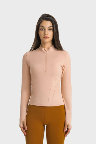 Shop Nude Millennia Half Zip Thumbhole Sleeve Sports Top - High-Quality U.S. Made Women’s Fashion with Free & Fast Shipping