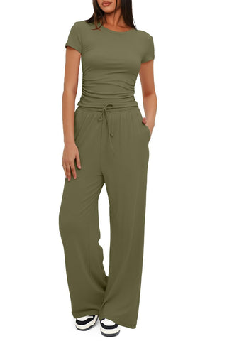 Shop Round Neck Short Sleeve Top and Pants Set - High-Quality U.S. Made Women’s Fashion with Free & Fast Shipping