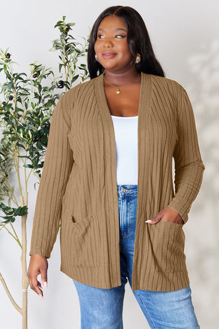 Shop Khaki Basic Bae Full Size Ribbed Open Front Cardigan with Pockets - High-Quality U.S. Made Women’s Fashion with Free & Fast Shipping