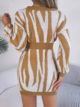 Shop Animal Print V-Neck Long Sleeve Sweater Dress - High-Quality U.S. Made Women’s Fashion with Free Fast Shipping