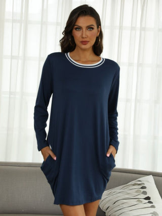 Shop Contrast Round Neck Long Sleeve Lounge Dress - High-Quality U.S. Made Women’s Fashion with Free & Fast Shipping