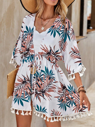 Shop Tassel Tied Printed Half Sleeve Cover Up - High-Quality U.S. Made Women’s Fashion with Free & Fast Shipping