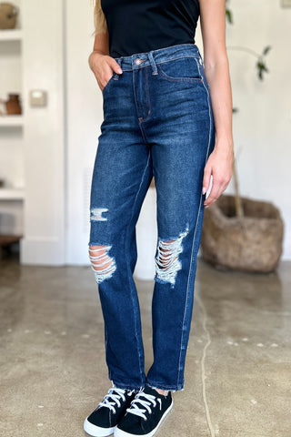 Shop Judy Blue Full Size High Waist Rigid Magic Heavy Destroy Straight Jeans - High-Quality U.S. Made Women’s Fashion with Free & Fast Shipping