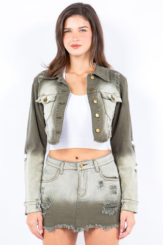 Shop Olive American Bazi Distressed Ombre Washed Cropped Denim Jacket - High-Quality U.S. Made Women’s Fashion with Free & Fast Shipping