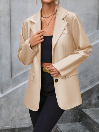 Shop Tan Pocketed Button Up Collared Neck Blazer - High-Quality U.S. Made Women’s Fashion with Free & Fast Shipping