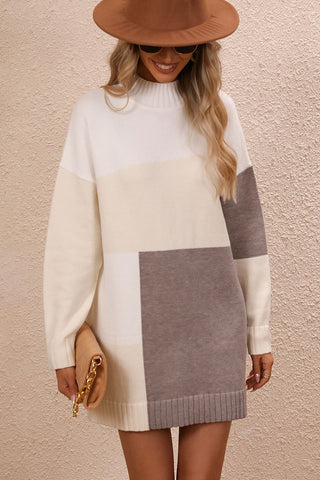 Shop Color Block Mock Neck Dropped Shoulder Sweater Dress - High-Quality U.S. Made Women’s Fashion with Free Fast Shipping