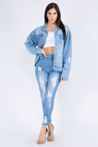 Shop American Bazi Full Size Painted Back Distressed Denim Jacket - High-Quality U.S. Made Women’s Fashion with Free & Fast Shipping