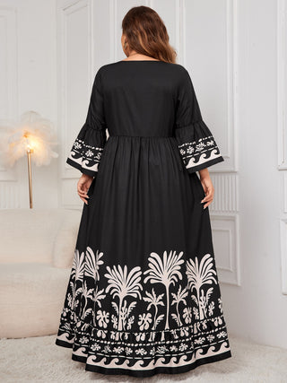 Shop Honey Plus Size Printed V-Neck Long Sleeve Maxi Dress - High-Quality U.S. Made Women’s Fashion with Free Fast Shipping