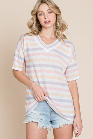 Shop Stripe BOMBOM Striped V-Neck Short Sleeve T-Shirt - High-Quality U.S. Made Women’s Fashion with Free & Fast Shipping