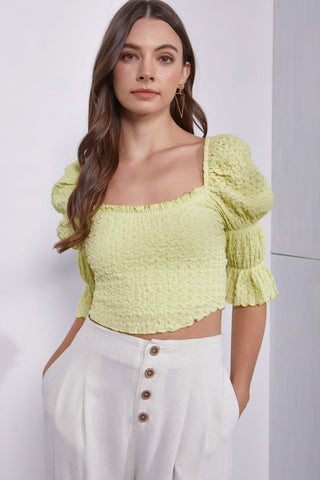 Shop Lemonade Mustard Seed Crinkle Texture Puff Sleeve Crop Top - High-Quality U.S. Made Women’s Fashion with Free & Fast Shipping