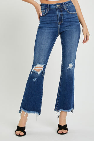 Shop Dark RISEN High Rise Distressed Crop Flare Jeans - High-Quality U.S. Made Women’s Fashion with Free & Fast Shipping