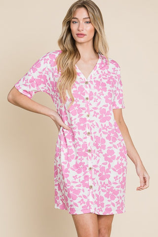 Shop Pink BOMBOM Floral Button Down Mini Dress - High-Quality U.S. Made Women’s Fashion with Free & Fast Shipping