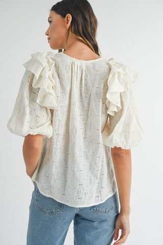 Shop MABLE Eyelet Lace Ruffle Shoulder Puff Sleeve Blouse - High-Quality U.S. Made Women’s Fashion with Free & Fast Shipping