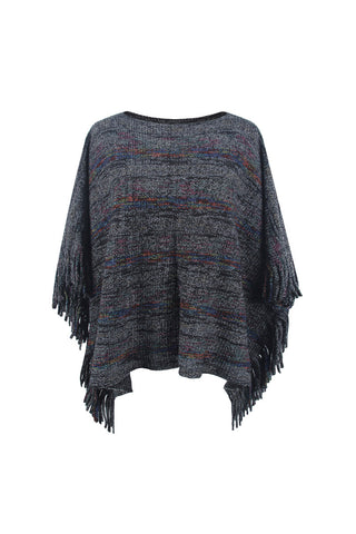 Shop Black One Size Round Neck Fringe Detail Sleeve Poncho - High-Quality U.S. Made Women’s Fashion with Free & Fast Shipping