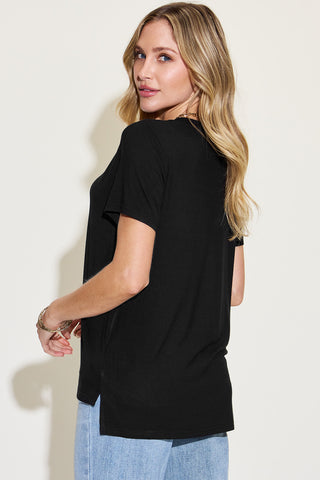 Shop Basic Bae Full Size V-Neck High-Low T-Shirt - High-Quality U.S. Made Women’s Fashion with Free Fast Shipping