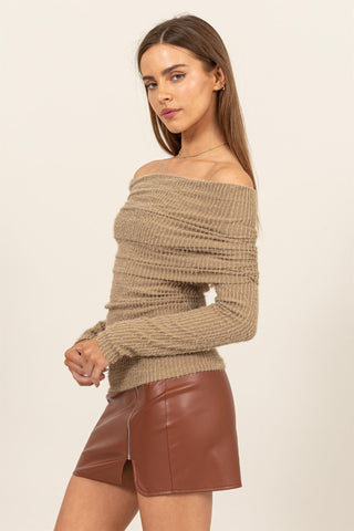 Shop HYFVE Fuzzy Off Shoulder Textured Knit Top - High-Quality U.S. Made Women’s Fashion with Free & Fast Shipping