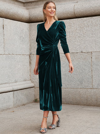 Shop Dark Green Surplice Puff Sleeve Midi Dress - High-Quality U.S. Made Women’s Fashion with Free & Fast Shipping