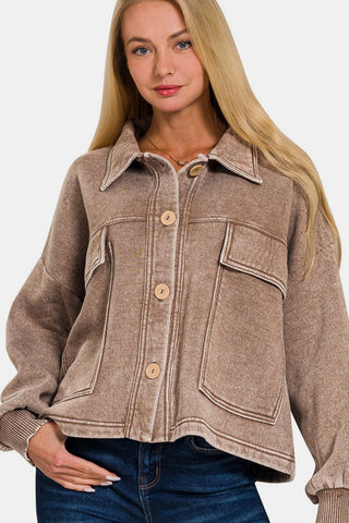 Shop Mocha Zenana Wash Fleece Front Pocket Button Up Shacket - High-Quality U.S. Made Women’s Fashion with Free & Fast Shipping