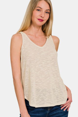 Shop Sand Beige Zenana V-Neck Curved Hem Tank - High-Quality U.S. Made Women’s Fashion with Free & Fast Shipping