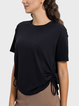 Shop Millennia Drawstring Round Neck Short Sleeve Active T-Shirt - High-Quality U.S. Made Women’s Fashion with Free & Fast Shipping