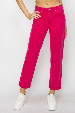 Shop FUCHSIA RISEN High Waist Rolled Hem Straight Jeans - High-Quality U.S. Made Women’s Fashion with Free & Fast Shipping