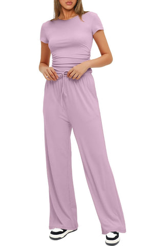 Shop Pink Purple Round Neck Short Sleeve Top and Pants Set - High-Quality U.S. Made Women’s Fashion with Free & Fast Shipping