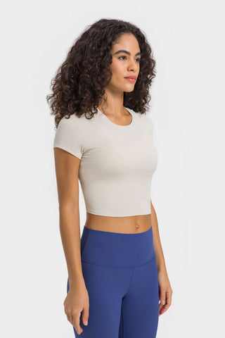 Shop Millennia Round Neck Short Sleeve Cropped Sports T-Shirt - High-Quality U.S. Made Women’s Fashion with Free & Fast Shipping