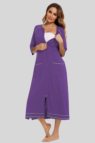 Shop Violet Zip Up Slit Round Neck Night Dress with Pockets - High-Quality U.S. Made Women’s Fashion with Free & Fast Shipping