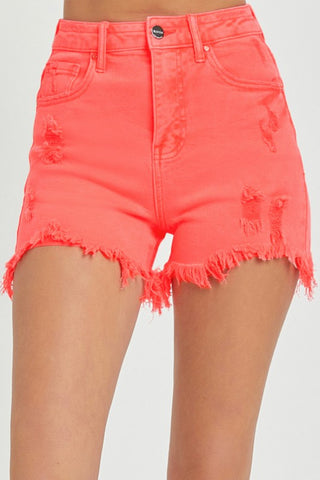 Shop Coral RISEN High Rise Distressed Denim Shorts - High-Quality U.S. Made Women’s Fashion with Free & Fast Shipping