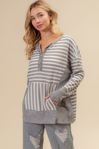 Shop BiBi Striped Thumbhole Long Sleeve Top - High-Quality U.S. Made Women’s Fashion with Free & Fast Shipping