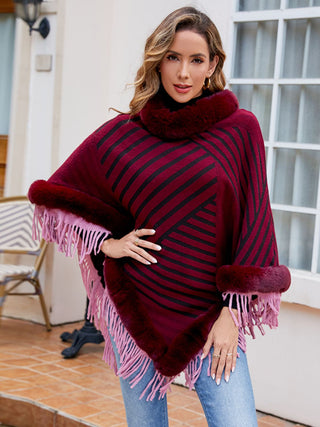 Shop Striped Fringe Hem Poncho - High-Quality U.S. Made Women’s Fashion with Free Fast Shipping