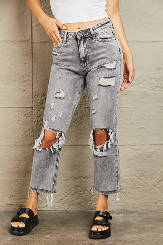 Shop Gray BAYEAS Acid Wash Distressed Straight Jeans - High-Quality U.S. Made Women’s Fashion with Free & Fast Shipping