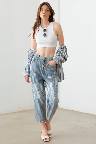 Shop Litz La Washed Barrel Leg High Waist Distressed Jeans - High-Quality U.S. Made Women’s Fashion with Free & Fast Shipping