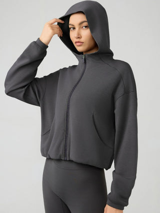 Shop Millennia Zip Up Dropped Shouder Active Hooded - High-Quality U.S. Made Women’s Fashion with Free & Fast Shipping