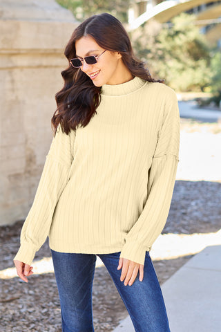 Shop Light Yellow Basic Bae Full Size Ribbed Exposed Seam Mock Neck Knit Top - High-Quality U.S. Made Women’s Fashion with Free & Fast Shipping