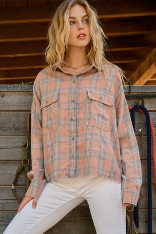 Shop Pink And The Why Full Size Plaid Button Up Raw Hem Shirt - High-Quality U.S. Made Women’s Fashion with Free & Fast Shipping