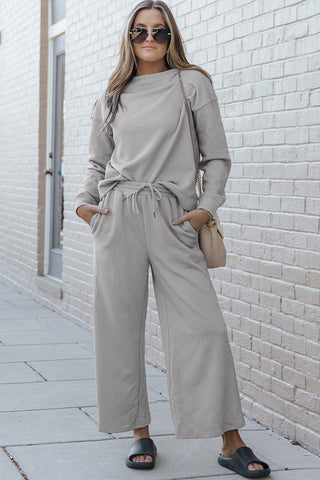 Shop Double Take Full Size Textured Long Sleeve Top and Drawstring Pants Set - High-Quality U.S. Made Women’s Fashion with Free Fast Shipping