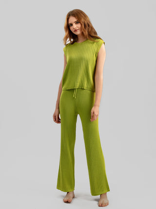 Shop Yellow-Green One Size Ribbed Sweater Vest and Drawstring Knit Pants Set - High-Quality U.S. Made Women’s Fashion with Free & Fast Shipping