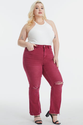 Shop WINE BAYEAS Full Size High Waist Distressed Raw Hem Flare Jeans - High-Quality U.S. Made Women’s Fashion with Free & Fast Shipping