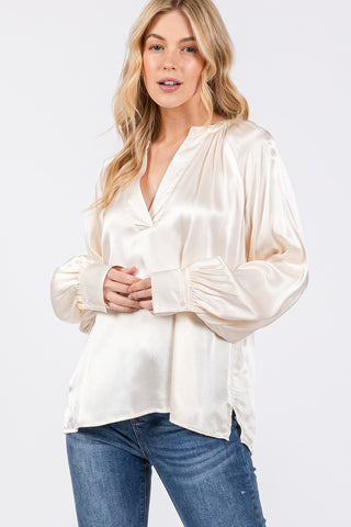 Shop SAGE + FIG Notched Long Sleeve Blouse - High-Quality U.S. Made Women’s Fashion with Free & Fast Shipping