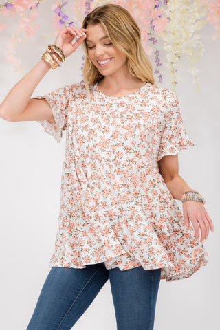 Shop Ivory Floral Celeste Full Size Floral Ruffled Short Sleeve Blouse - High-Quality U.S. Made Women’s Fashion with Free & Fast Shipping