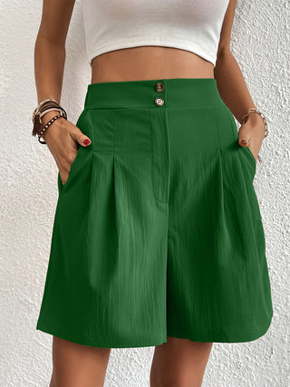 Shop Dark Green Pocketed Half Elastic Waist Shorts - High-Quality U.S. Made Women’s Fashion with Free & Fast Shipping