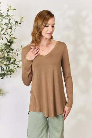 Shop Deep Camel Zenana Full Size Long Sleeve V-Neck Top - High-Quality U.S. Made Women’s Fashion with Free & Fast Shipping