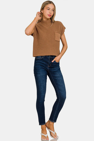 Shop Zenana Mock Neck Short Sleeve Cropped Sweater - High-Quality U.S. Made Women’s Fashion with Free & Fast Shipping