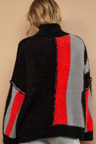 Shop POL Turtleneck Color Block Fringe Detail Sweater - High-Quality U.S. Made Women’s Fashion with Free Fast Shipping