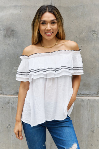 Shop ODDI Full Size Off The Shoulder Ruffle Blouse - High-Quality U.S. Made Women’s Fashion with Free & Fast Shipping