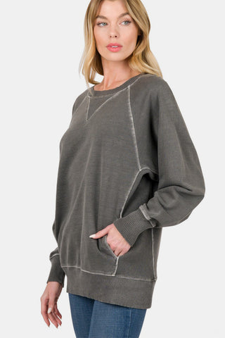 Shop Black Zenana Round Neck Long Sleeve Sweatshirt - High-Quality U.S. Made Women’s Fashion with Free & Fast Shipping