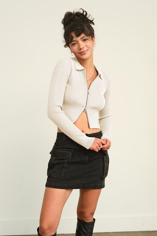 Shop HYFVE Ribbed Double Zip Cropped Cardigan - High-Quality U.S. Made Women’s Fashion with Free & Fast Shipping