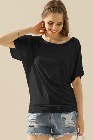 Shop BLACK Ninexis Boat Neck Short Sleeve Ruched Side Top - High-Quality U.S. Made Women’s Fashion with Free & Fast Shipping