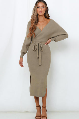 Shop Khaki Surplice Neck Bow Waist Slit Sweater Dress - High-Quality U.S. Made Women’s Fashion with Free & Fast Shipping